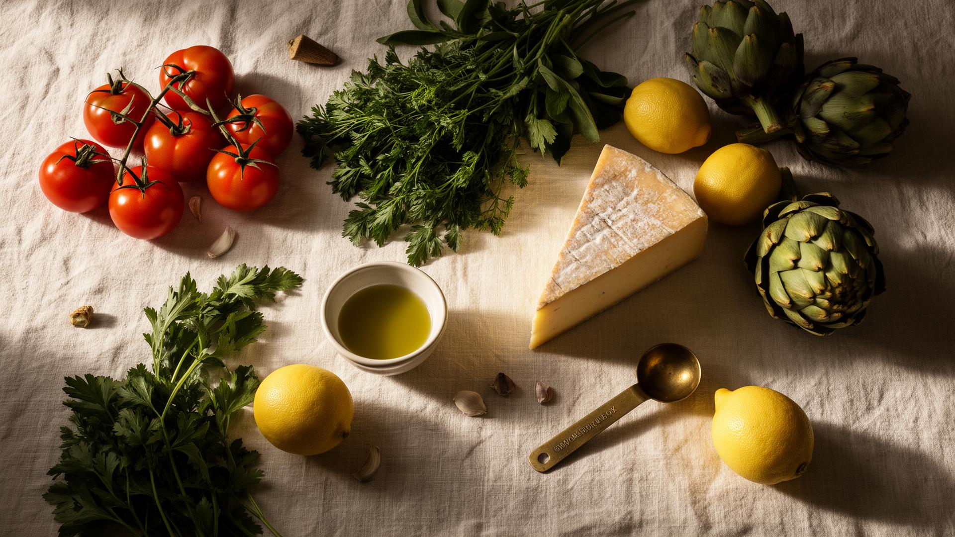 A still life of seasonal ingredients on aged linen